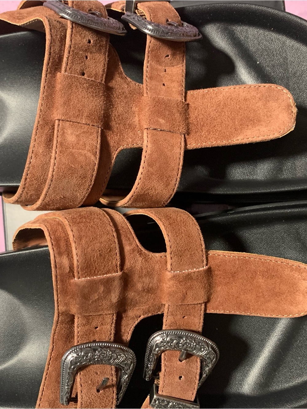 Women's Suede Double-Buckle Slide Sandals in Brown